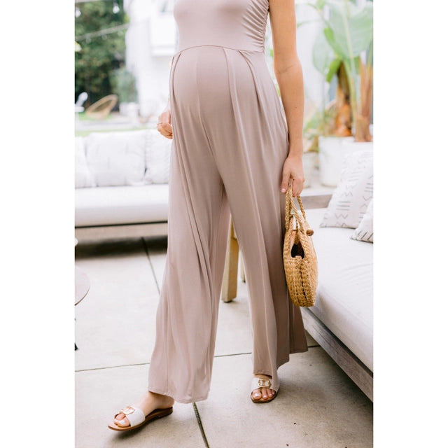 Solid Rayon Jersey Ruched Maternity Jumpsuit Mocha