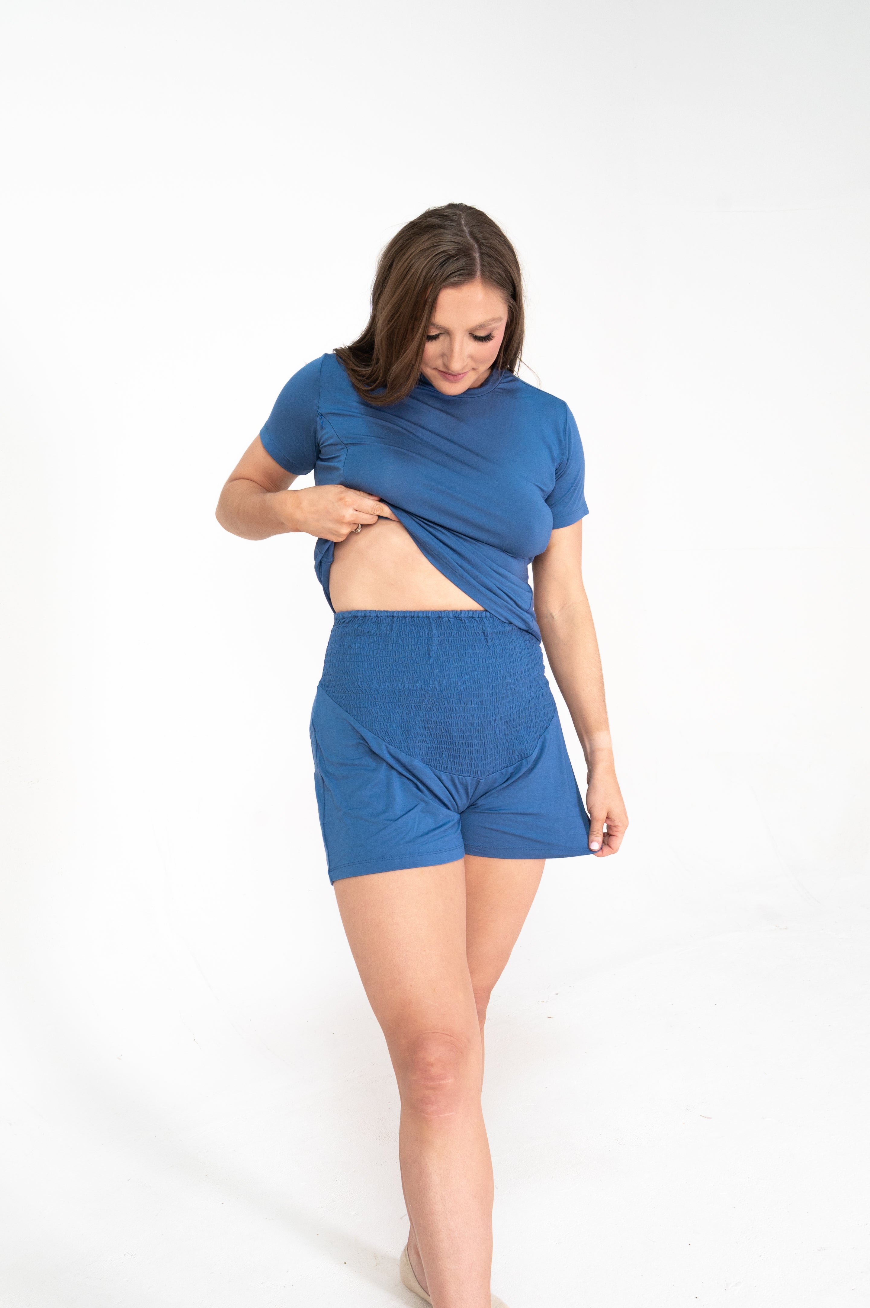 Ann Lounge Maternity Shorts In Steel Blue