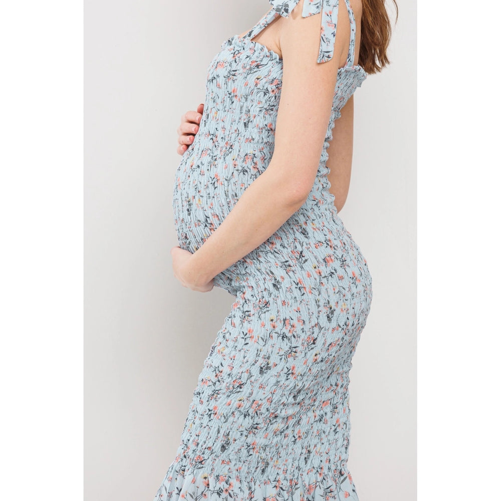 Floral Smocked Tie-Shoulder Maternity Midi Dress
