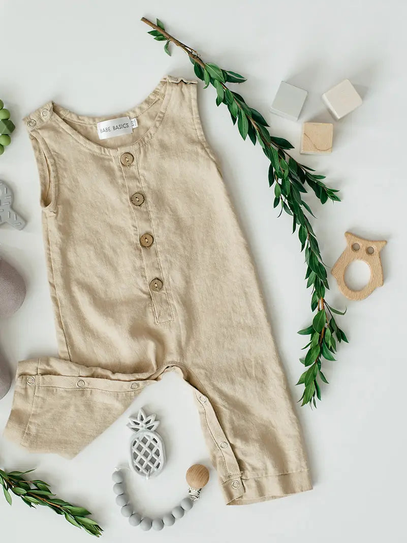 Oatmeal Sleeveless Crop Linen Button Down Romper